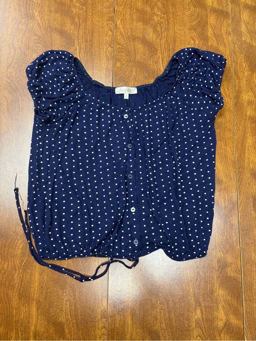 Lavish Navy White Polka Dot Crop Blouse, Size Small